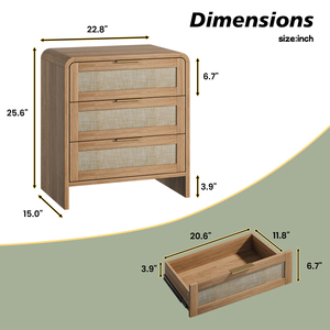 Rattan Nightstand With 3 <b>Drawers</b> 22.8 Wide Curved Wooden Bedside Table Modern <b>Storage</b> <b>For</b> Bedroom Caramel Oak - Product Image 4