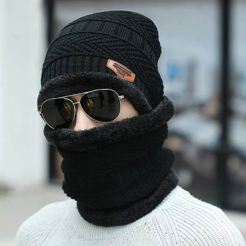 Hat Winter Hooded Scarf Suit Wool Hat Wool Thickening Knitted Cap For Men In Autumn Winter
