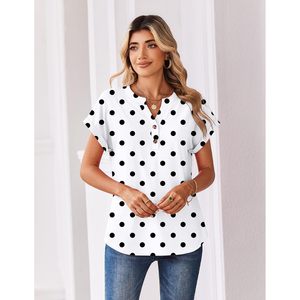 Women Polka Dot Short Sleeve Blouse V Neck Button Down Casual Work <b>Top</b> S-3XL - Product Image 4