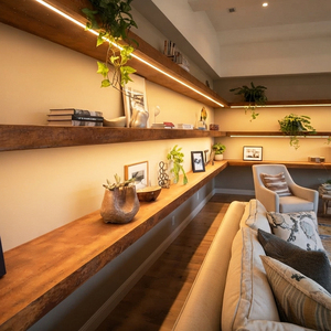 Black <strong>Walnut</strong> Wood <strong>Floating</strong> <strong>Shelves</strong> with Indirect Ambient Mood Lighting for Living Room Sofa Wall Art Collectibles Display - Product Image 3
