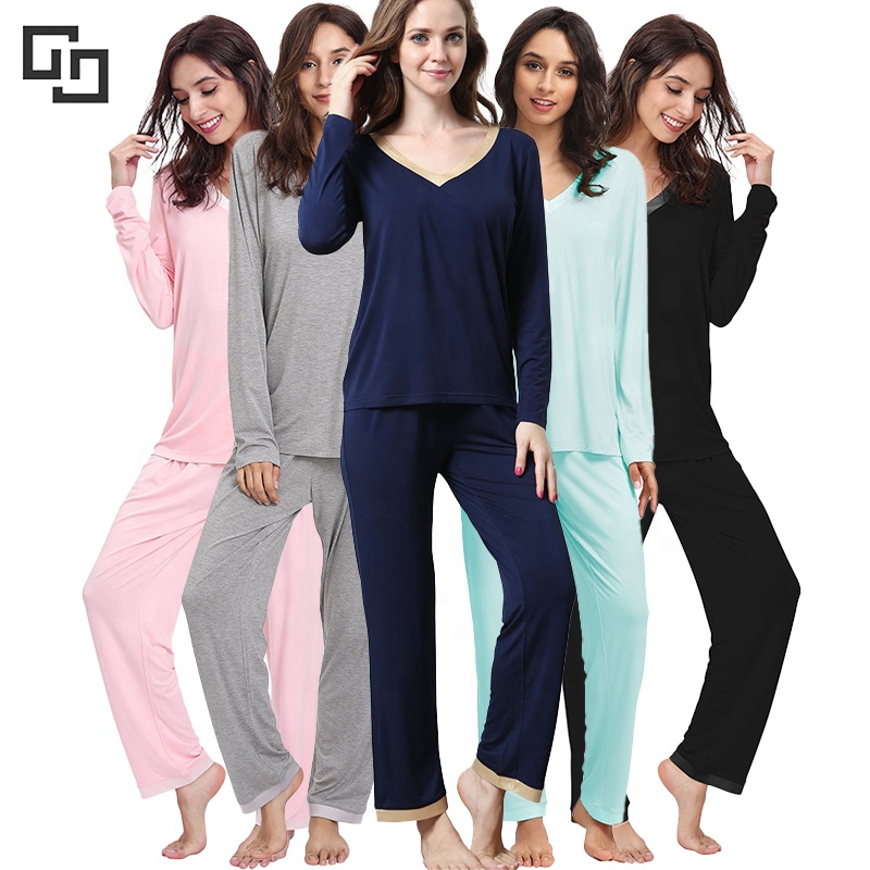 V Neck Soft Comfy Lounge Long Bamboo Sleepwear Pajamas Set Women Pajamas