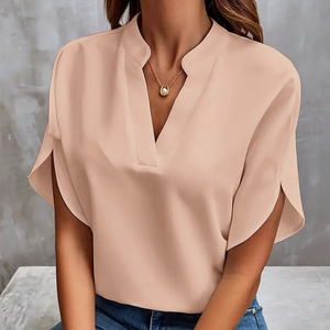 Camicia Elegante da Donna a Maniche Corte con Scollo a V - Blusa Casual Monocolore a Maniche Corte Moda 2025 - Product Image 6