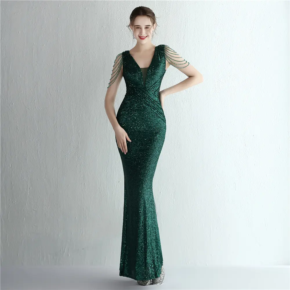 19320# 2022 New Women's Sexy Deep V Neckline sequin evening dresses sexy long women Party Prom Evening Dress