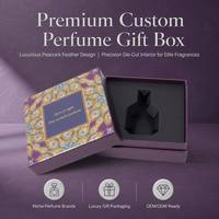 Caja de Regalo de Perfume Personalizada con Plumas de Pavo Real Púrpuras, Diseño Metálico Dorado, Inserto Rígido de Dos Piezas, Empaque de Fragancia de Nicho