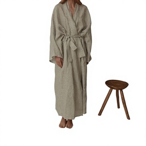 <b>Women</b> Striped Linen Cotton Full Length <b>Robe</b> V Neck Long Sleeve Casual Soft Woven Bathrobe Linen Manufacturer Supplier - Product Image 1