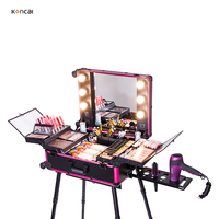 Chariot de Salon Professionnel en Aluminium à Roulettes avec Miroir et Éclairage, Poignée Souple, Pieds de Télescope à Boîtier Ouvert, Durable