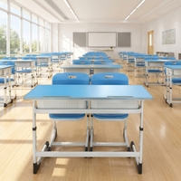 Bureau d'étudiant moderne 2 places avec chaises, cadre métallique réglable en hauteur, ensemble table et chaises pour salle de classe avec étagère de rangement et plateau à stylos
