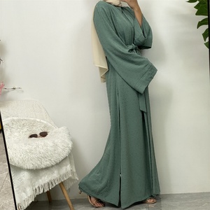 1958# New Style Three Piece Women <b>Cardigan</b> Set Muslim Open Abaya Sleeveless Top and Elastic Waist Loose Pant With Pockets Sets - Product Image 2