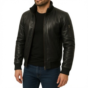<b>Men's</b> Genuine Leather Bomber Jacket Stand Collar Zipper Closure Moto Biker Style Solid <b>Black</b> Autumn Wear - Product Image 1