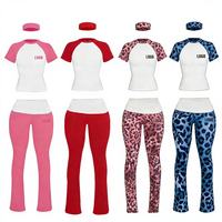 Ensemble de vêtements de détente pour femmes avec logo personnalisé, imprimé léopard, vêtements d'été pour femmes, manches courtes avec pantalon évasé long pour femmes