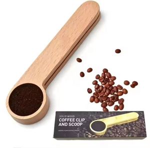 ช้อนตวงเมล็ดกาแฟด้ามไม้ยาว 2 in 1 พร้อมคลิปหนีบถุง รับทำโลโก้ขายส่ง - Product Image 1