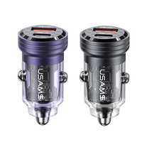 USAMS CC175 adaptor mobil 45W, desain transparan usb c ganda paduan aluminium transparan A + C pengisi daya mobil Mini untuk ponsel