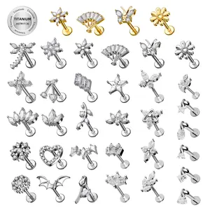 100 Sku harga pabrik baja tahan karat Titanium hipoalergenik giwang dengan zirkon Keong Lobe Labret F136 Titanium tindik