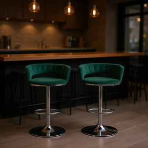 Tabourets de bar en velours vert avec base chromée, hauteur réglable, design pivotant pour usage domestique et commercial - Product Image 2