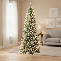 Sapin de Noël Artificiel 150cm en PVC, Hinged, Floqué, Pré-éclairé LED, Base Stable de Haute Qualité, Décoration Intérieure