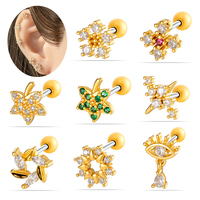 Pendientes de cartílago de acero inoxidable hipoalergénicos Hengsen con circonitas cúbicas de colores, arete de hélice con rosca externa para perforaciones de tragus y lóbulo