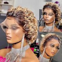 Renda Swiss tidak kusut Ombre warna coklat keriting Pixie potongan Bob Virgin penuh kutikula Vietnam rambut lurus renda depan wig