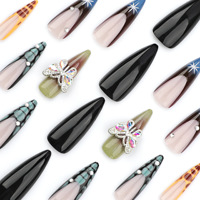 Vente en gros de faux ongles en PMMA de style français, longs, en forme d'amande, à presser, motifs écaille de tortue, strass, papillons, personnalisables, finition brillante/mate