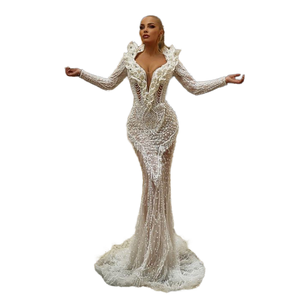 Robe de soirée longue sirène Ruolai LWC6689, élégante, à motif de perles de cristal, manches longues, col rond, écologique, pour l'été - Product Image 1