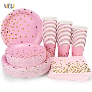 Piatti di carta stampati rosa tovaglioli tazze Set di piatti usa e getta a pois dorati per decorazioni da tavola per la tavola delle stoviglie della festa di compleanno