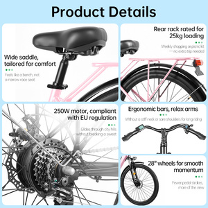 Vélo électrique pour femmes 250W 36V 10.5Ah 700C*40C, vélo de ville Pedelec à cadre bas, 7 vitesses, selle large, suspension avant - Product Image 5