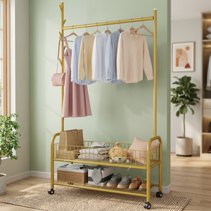 Modern Yellow Metal <b>Clothing</b> <b>Rack</b> With Double Tier Storage Shelf And Wheels For Living Room Use - Product Image 6