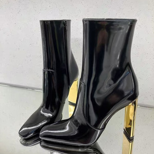 Bottines à talons épais en métal doré, style personnalisé, sexy, pour femmes, bout carré, courtes, avec fermeture éclair latérale, en cuir verni - Product Image 1