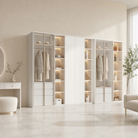 Système de dressing moderne de luxe avec portes en verre fumé, cadre foncé et éclairage intérieur LED chaud