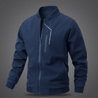 Blouson Bomber Unisexe Bleu Marine à Fermeture Éclair Intégrale, Col Montant, Doublure Polaire, Vêtement Décontracté d'Hiver en Toile avec Logo Avant