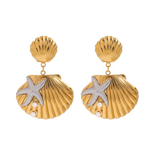 Drop <b>Earrings</b> <b>Gold</b> Silver Two Tone Star Shell Pearl Women's Party Fashion <b>Dangle</b> <b>Earrings</b> - Product Image 1
