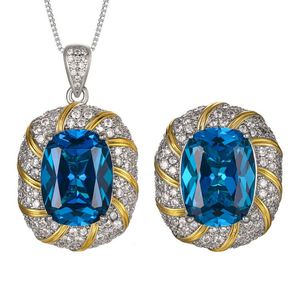 Wholesale Fashion Jewelry Eco-friendly Brass Gold Plated 12*16MM Blue Cubic Zirconia Pendant and Earring Set - Product Image 1