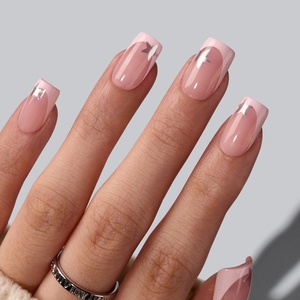 Spring Summer False Fake <b>Nails</b> Wholesale Short Square Star Design French Tip Handmade Soft Gel Press on <b>Nails</b> <b>Set</b> with Glue - Product Image 1