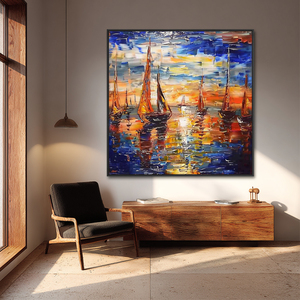 Impressionista tela fatta a mano tramonto <span class=keywords><strong>barche</strong></span> a vela 3D arte della parete decorazioni per la casa paesaggi marini dipinti - Product Image 1