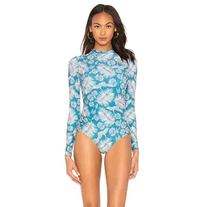 Customized Blue All Over Print Feather Floral Pattern one-piece Swimsuit Long Sleeve Zip At Back Designer Swimwear Women