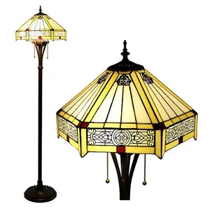 LongHuiJing Tiffany Floor Lamp LED Bright Antique Standing Reading Light 63Inch Tall Stained Glass Mission Hexagon Shade Lamps