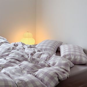 Korean Style Purple Plaid Four-Piece <b>Bedding</b> <b>Set</b> Yarn-Dyed Cotton Gauze Breathable 1.8M Double Layered Duvet Cover Pillowcases - Product Image 2