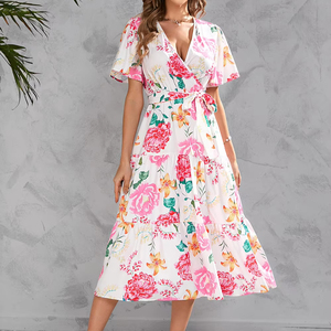 Vestido Casual Elegante de Cintura Ajustada para Mujer, con Estampado Floral de Leopardo y Letras, Cuello en V, Encaje y Largo hasta el Suelo, de Buena Calidad - Product Image 1