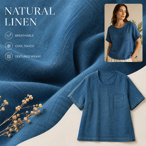 T-shirt décontracté à manches courtes pour femme en lin teint en fil, col ras du cou, bords bruts, avec poches, logo personnalisé, doux, respirant, idéal pour l'été - Product Image 2