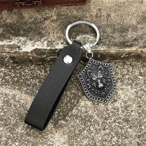 Wolf Head Stainless Steel Shield <b>Keychain</b> Metal Engraved Leather Strap Men's Keyring Gift Accessory - Product Image 4
