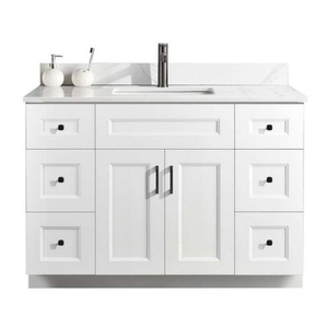 Set <span class=keywords><strong>Mobile</strong></span> <span class=keywords><strong>Bagno</strong></span> Moderno Bianco Stile Shaker con Top in Quarzo, Lavabo Sottopiano, Cassetti, Ante e Ferramenta Nera - Product Image 1
