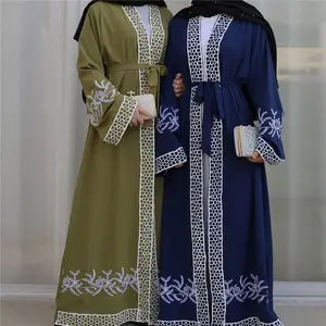 Abaya – robe longue brodée de couleur unie, kaftan ouvert à l'avant, pour eid mubarak