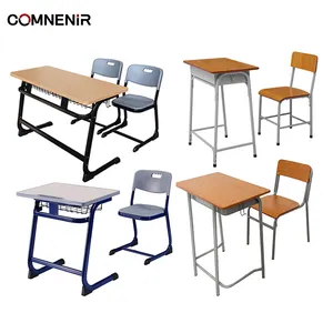 Grosir furnitur Sekolah Menengah Dasar, meja dan kursi Set meja kayu dan bangku logam