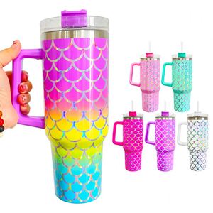 40oz Shinny Laser Mermaid Fish Scales Stainless Steel <b>Tumbler</b> <b>Cup</b> Handle <b>Straw</b> for Children Vacuum Insulated Eco-Friendly for - Product Image 2