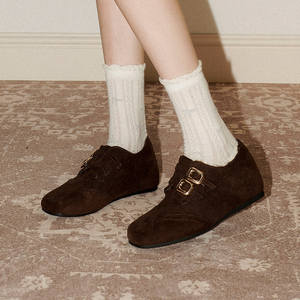 Женские лоферы Pear Xiaoqi в британском стиле с квадратным носком, на скрытой танкетке, с двойной пряжкой, на флисовой подкладке, однотонные, ретро, из кожи броги - Product Image 5