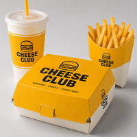 Producteur de contenants jetables en carton pour emballages alimentaires à emporter, personnalisables avec logo, pour frites et burgers, destinés aux chaînes de restaurants.