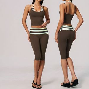 Women's Casual Striped Two Piece Sports Set Strapless Halter Short Crop High Waist <b>Capri</b> Leggings Breathable Knitted Polyester - Product Image 1