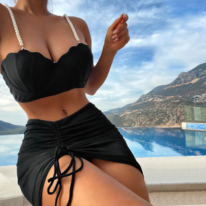 STOCK 12Colors Pearls Shell Shape Top Underwire <strong>Push</strong> <strong>up</strong> <strong>Bikini</strong> and Skirt Women 3Pieces Swimwear Beach Skirt S-XL - Product Image 1