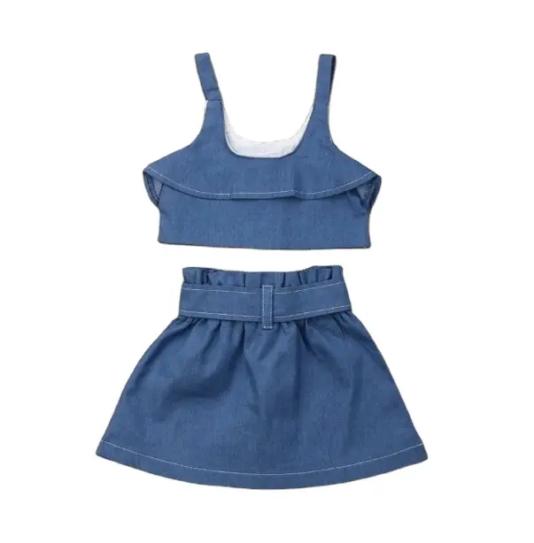 Sommer Kleinkind Kinder Mädchenbekleidung Sets 1-6 Y Denim blaues Band Oberteile Shorts / Rock Outfits Set Kleidung