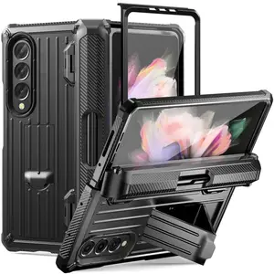 Voor Samsung Galaxy Z Fold3 5G Pc Tpu Telefoon Hoesje Pen Houder Scharnier Telefoon Kickstand Cover Met Huisdier Screen Protector