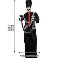 Squelette fantôme suspendu grandeur nature de 1,80 m pour Halloween, avec robe noire et chaînes de langue rouge, idéal pour la décoration de maison hantée